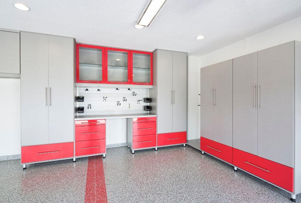 garage with red storage cabinets