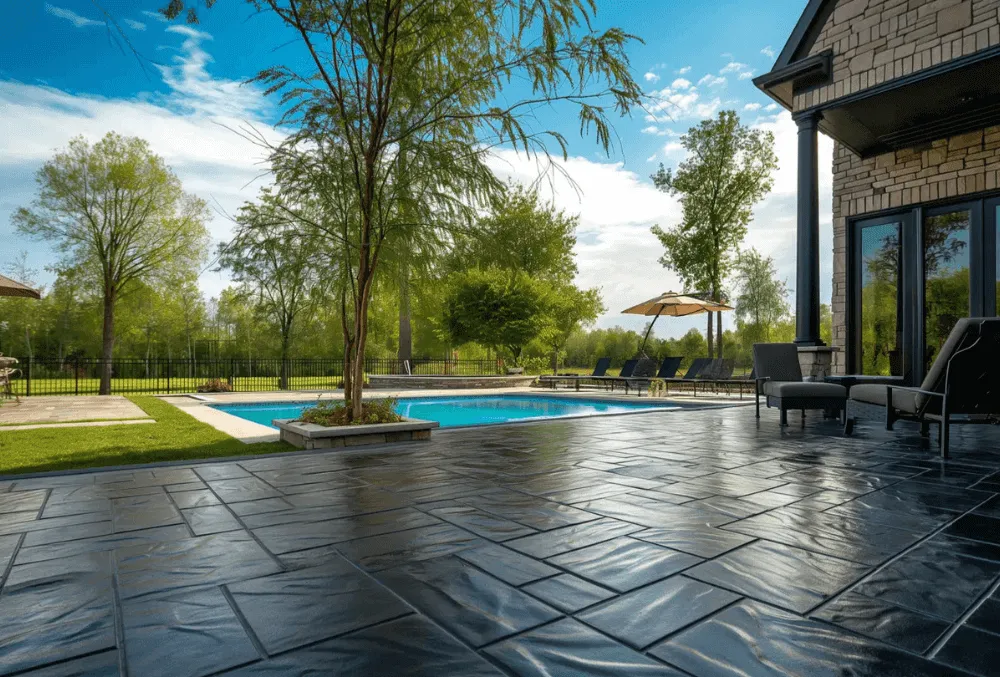 Textured stamped concrete pool deck with decorative patterns
