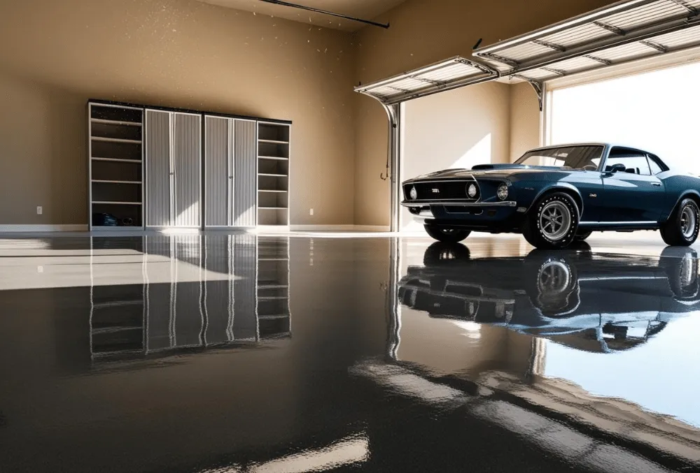 garage coating floor with blue car