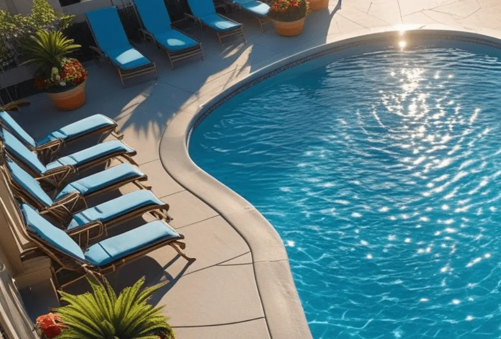 Curved concrete pool deck with lounge chairs and potted plants