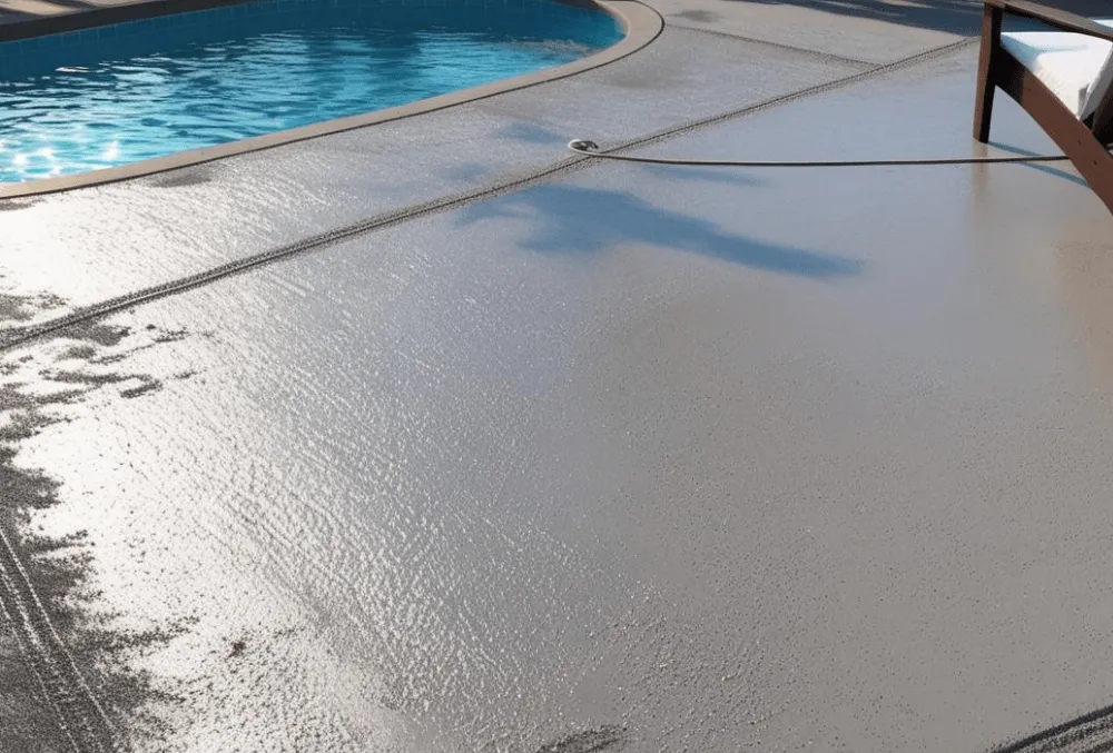 Freshly resurfaced concrete pool deck with poolside chair