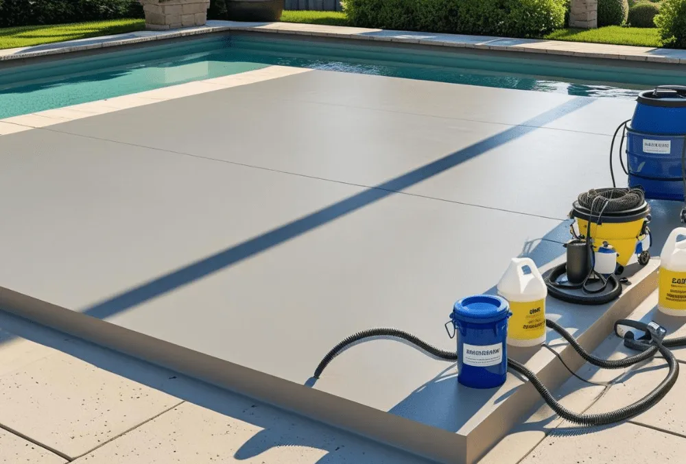 Resurfaced concrete pool deck with coating tools and garden lawn