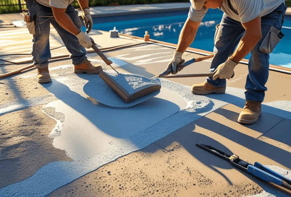 Pool Deck Resurfacing concrete repair by contractors using tools