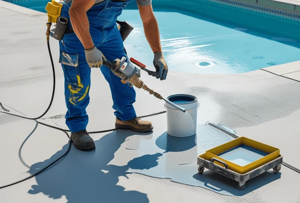 Pool deck resurfacing by contractor using coating and repair tools