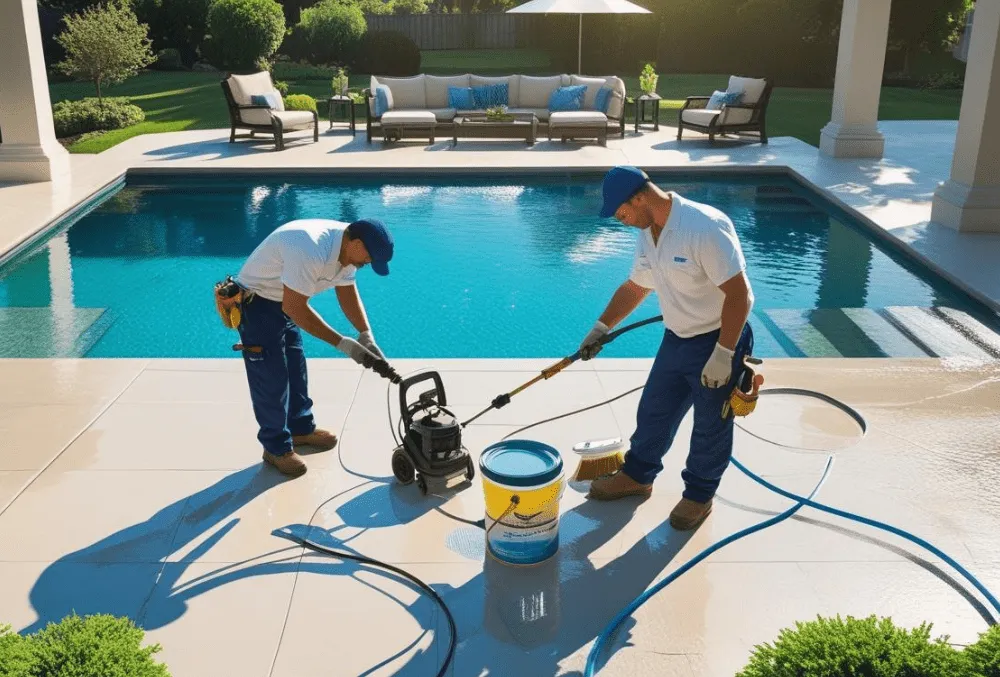 Contractors sealing concrete pool deck with power washer, tools, and sealant applicator