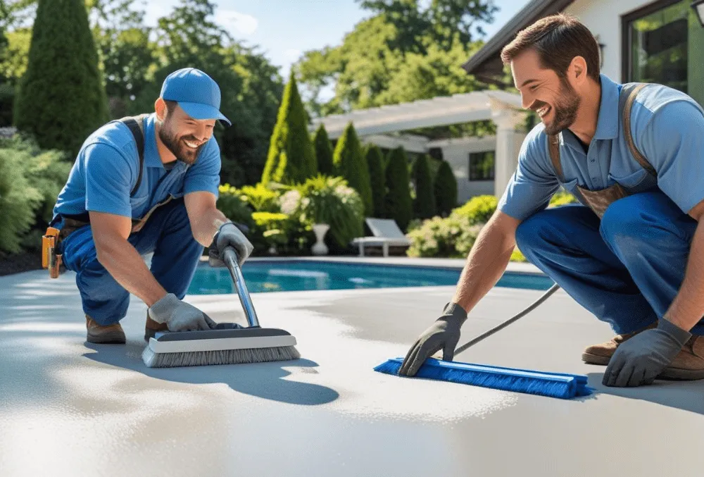 Contractor demonstrating pool deck cleaning and maintenance using brushes and tools