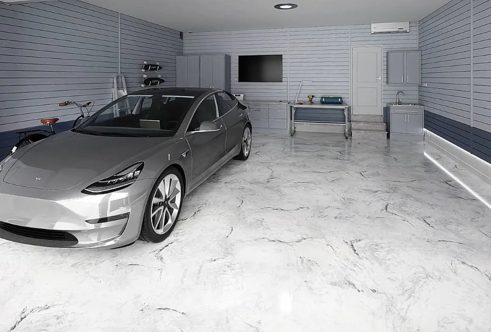 Epoxy garage floor with a glossy, seamless finish that enhances durability and gives the space a clean, modern look.
