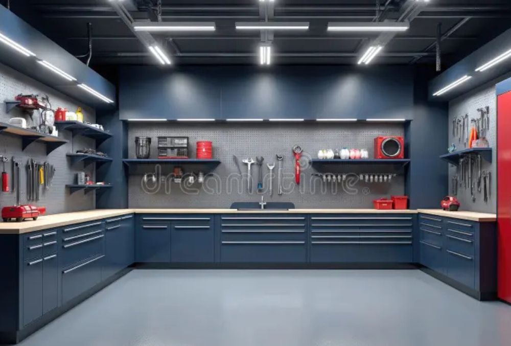 Epoxy garage floor in a workspace area with a sleek, polished finish that provides durability and easy maintenance.