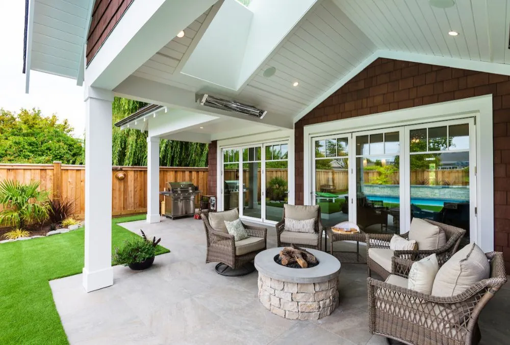 Covered patio with cozy seating