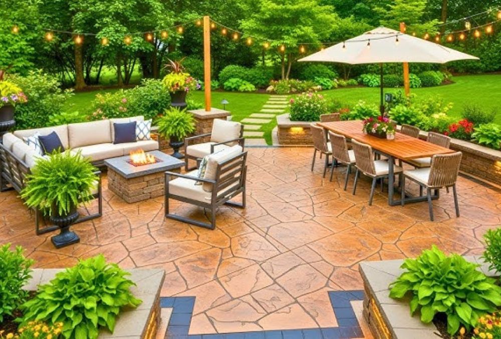 Outdoor dining set on a concrete patio surface