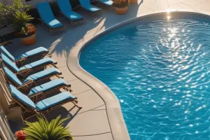 Curved concrete pool deck with lounge chairs and potted plants