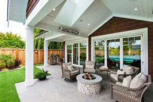 Covered patio with cozy seating