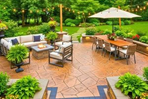 Outdoor dining set on a concrete patio surface