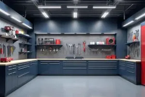 Epoxy garage floor in a workspace area with a sleek, polished finish that provides durability and easy maintenance.